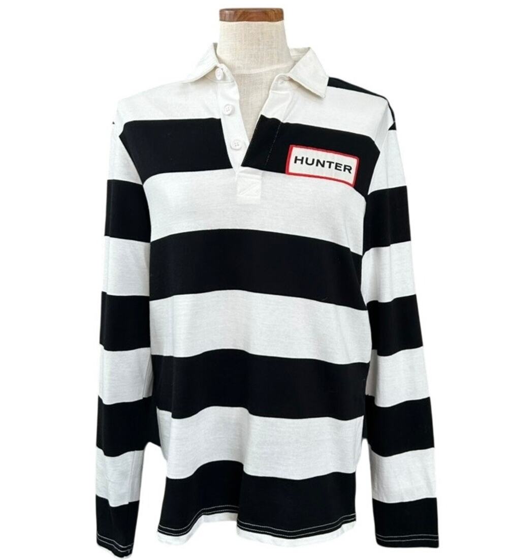 New Hunter x Target Rugby Stripe Polo Shirt Men Size S Black White Long Sleeve